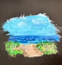 Acrylic painting on black canvas of a sandy path between green dunes leading to a deep blue sea