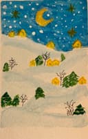 Watercolor of a starry winter night with a golden crescent moon and glowing cottages on snowy hills