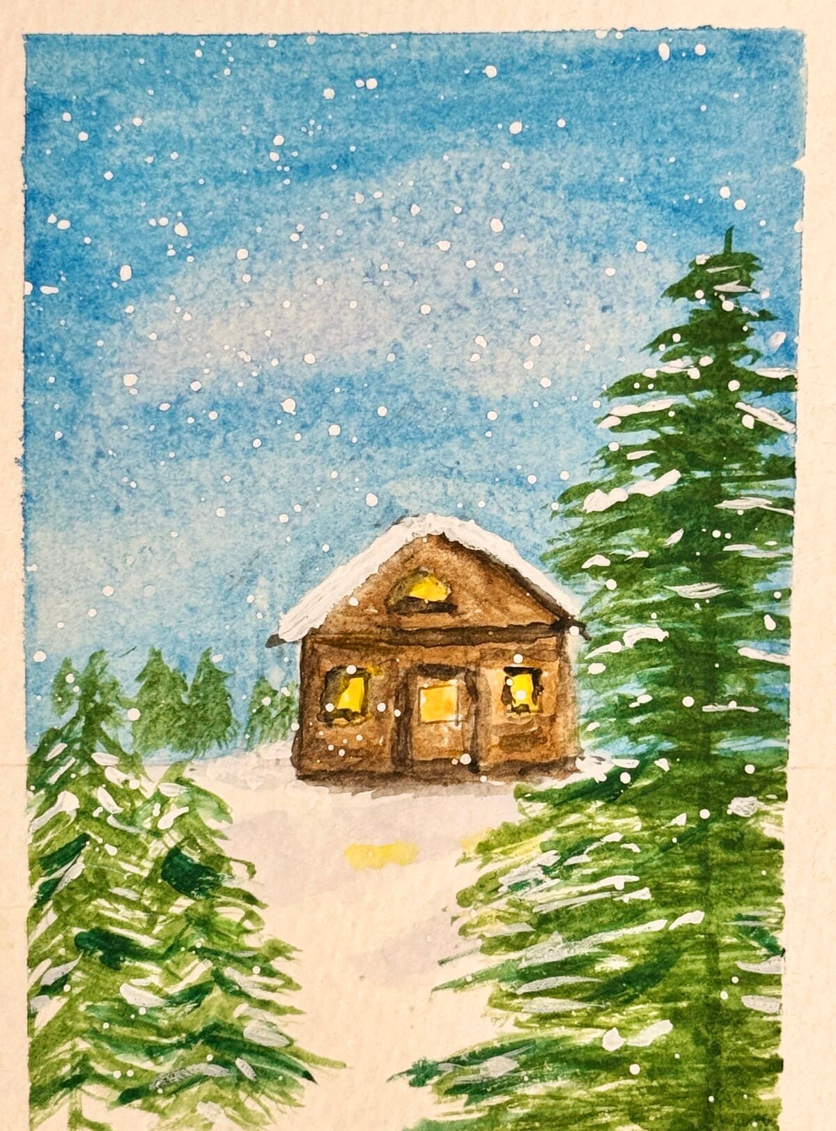 Watercolor of a cabin with glowing yellow windows among snowy pine trees under a starry night sky